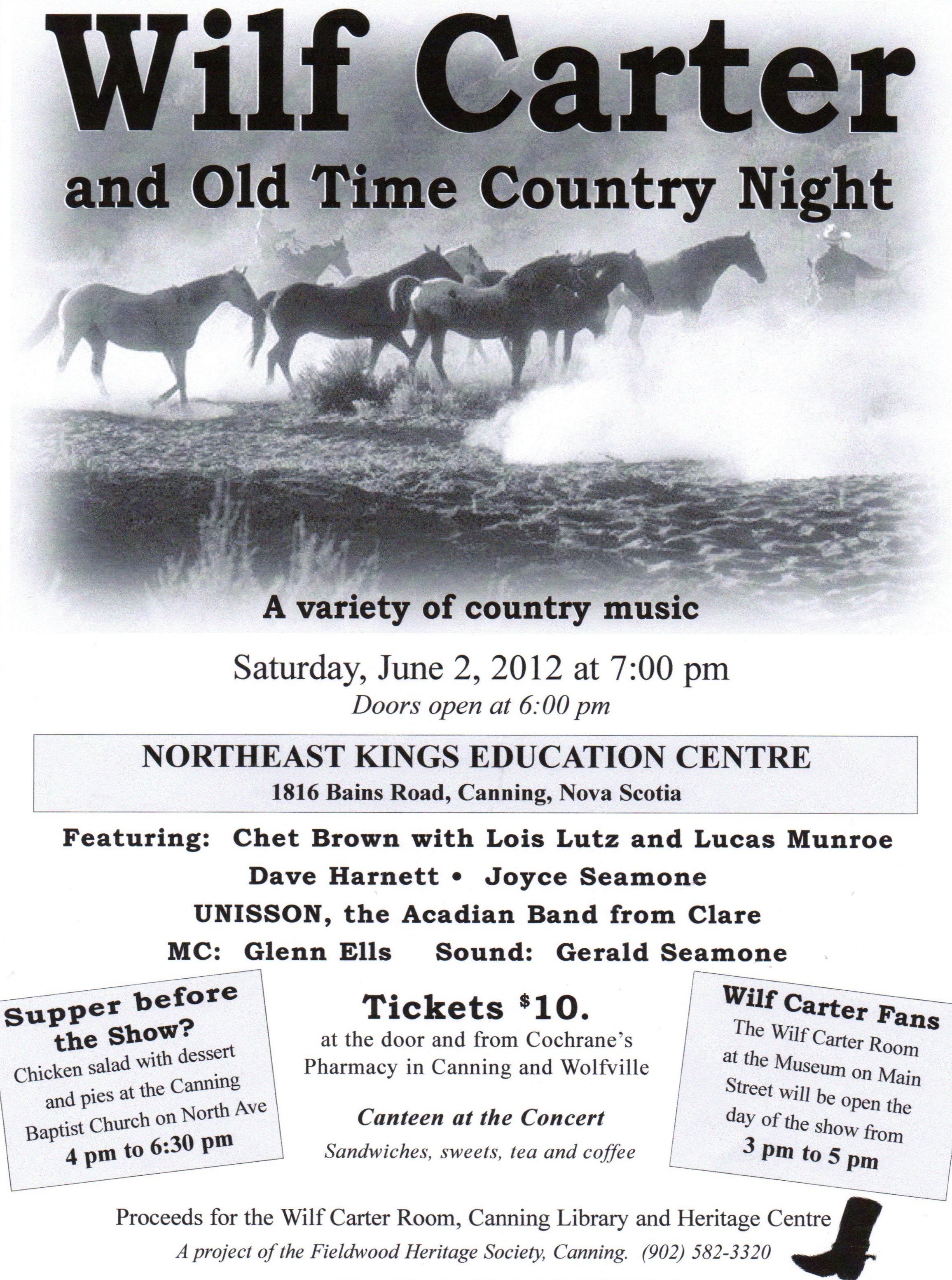 Poster: Fieldwood Heritage Society, Wilf Carter and Old Time Country Night, Saturday, June 2, 2012
