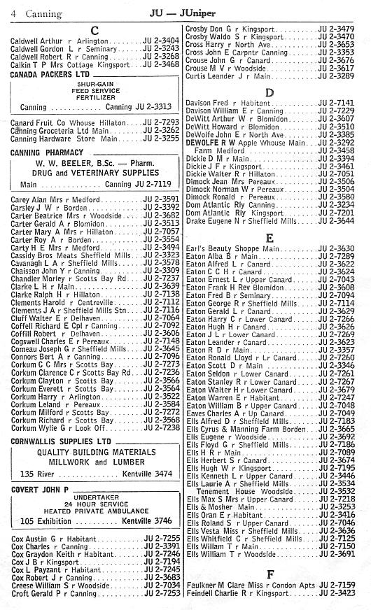 Canning supplementary telephone directory, February 1958, page 4: Caldwell-Feindell
