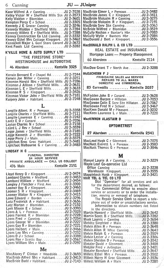 Canning supplementary telephone directory, February 1958, page 6: Kane-Millett