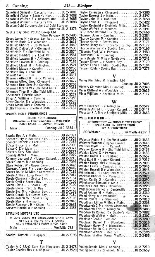 Canning supplementary telephone directory, February 1958, page 8: Schofield-Young
