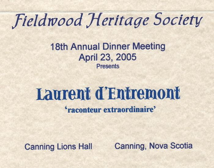 Placecard A: Fieldwood Heritage Society, eighteenth Annual Dinner Meeting, 23 April 2005