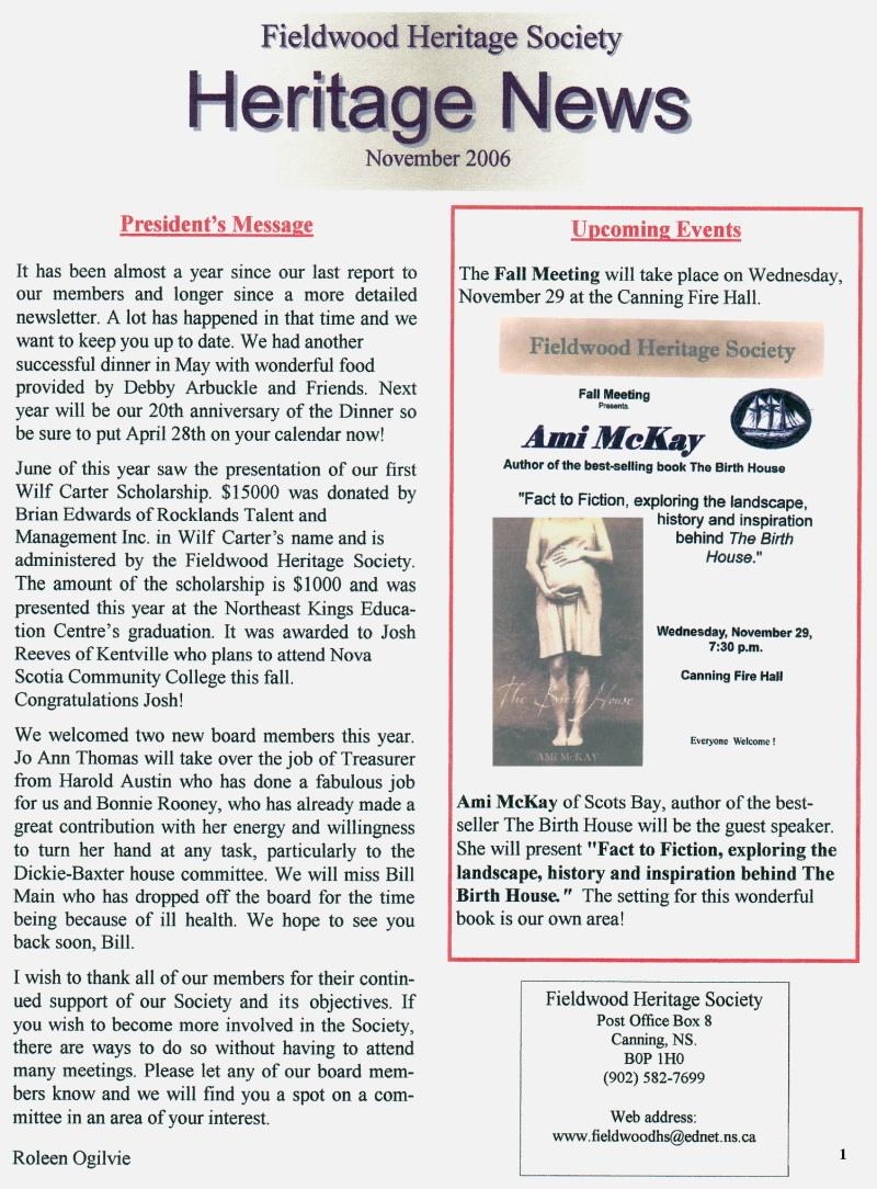 Canning's Fieldwood Heritage Society Newsletter November 2006, page 1