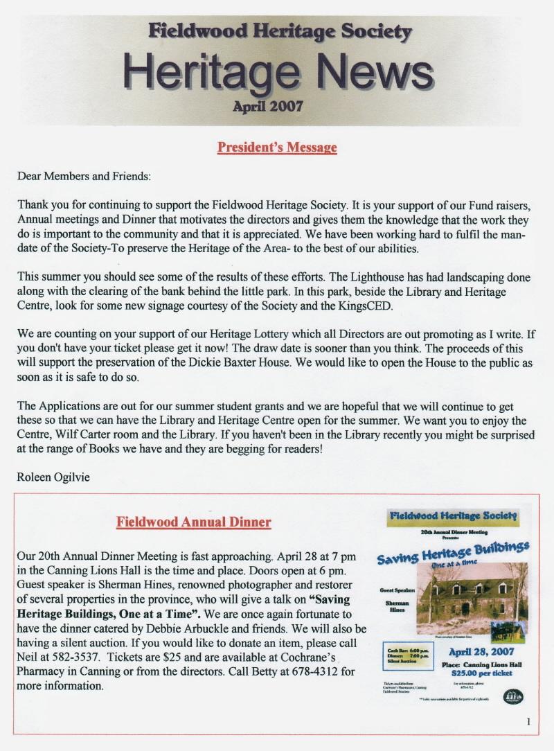 Canning's Fieldwood Heritage Society Newsletter April 2007, page 1