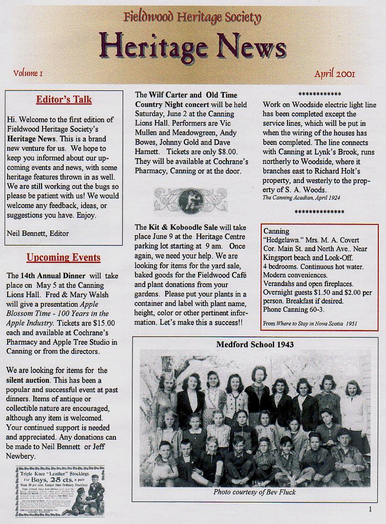 Canning's Fieldwood Heritage Society Newsletter April 2001, page 1