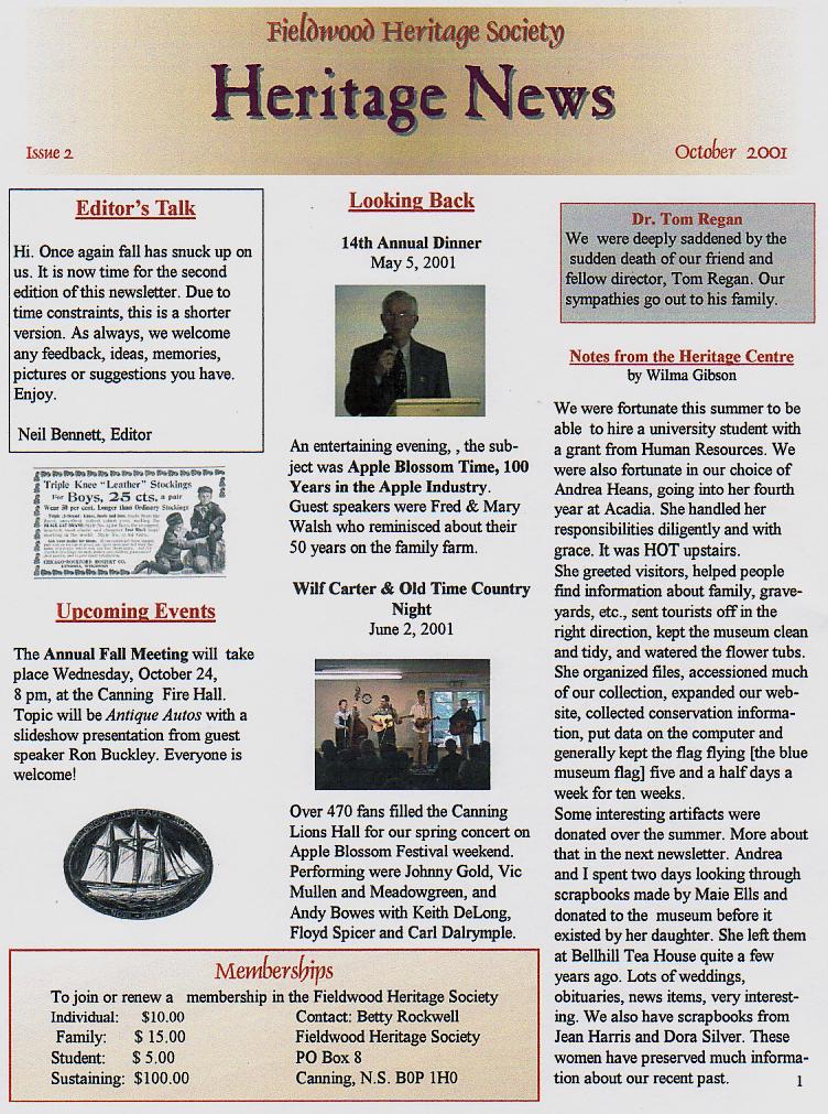 Canning's Fieldwood Heritage Society Newsletter October 2001, page 1