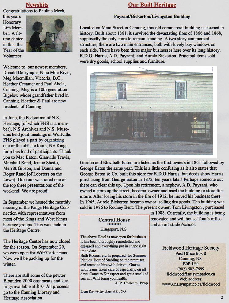Canning's Fieldwood Heritage Society Newsletter October 2001, page 2