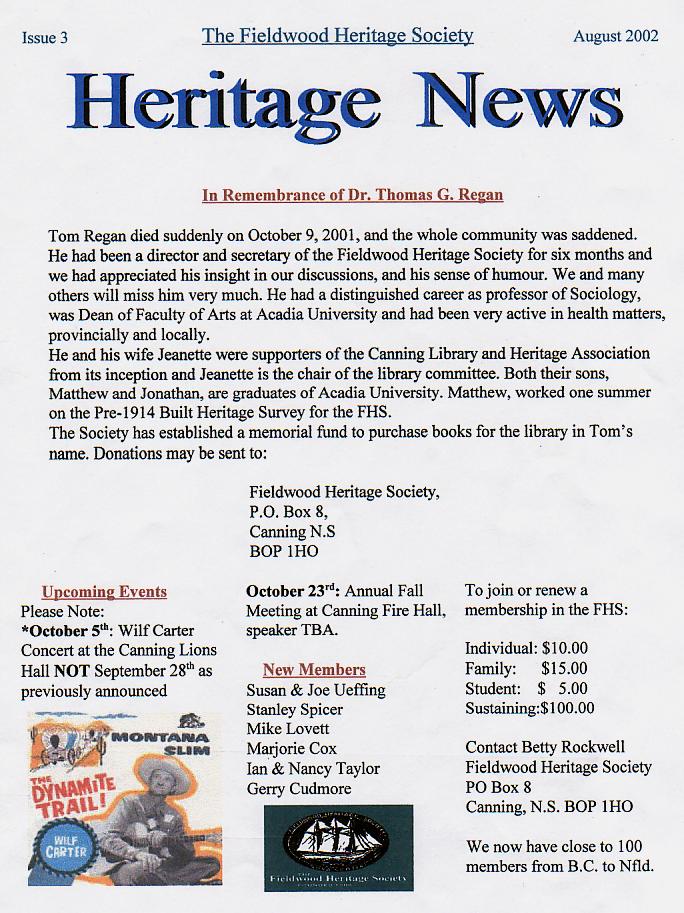 Canning's Fieldwood Heritage Society Newsletter August 2002, page 1