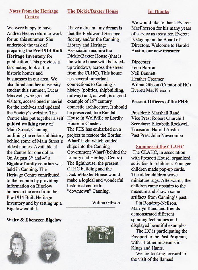 Canning's Fieldwood Heritage Society Newsletter August 2002, page 2