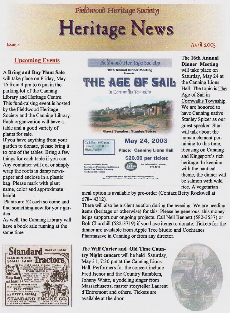 Canning's Fieldwood Heritage Society Newsletter April 2003, page 1