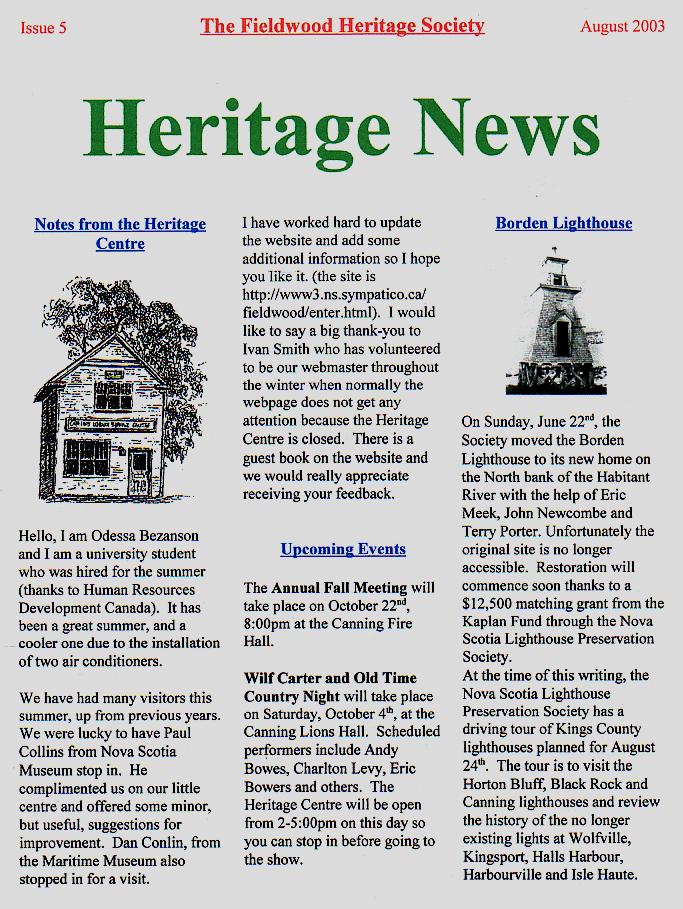 Canning's Fieldwood Heritage Society Newsletter August 2003, page 1