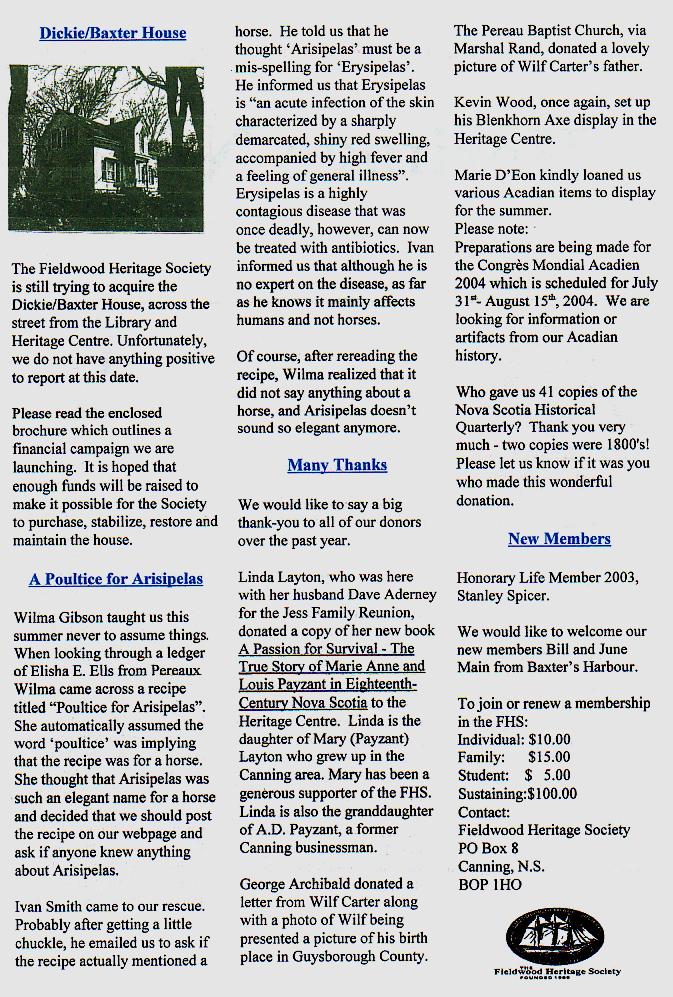 Canning's Fieldwood Heritage Society Newsletter August 2003, page 2