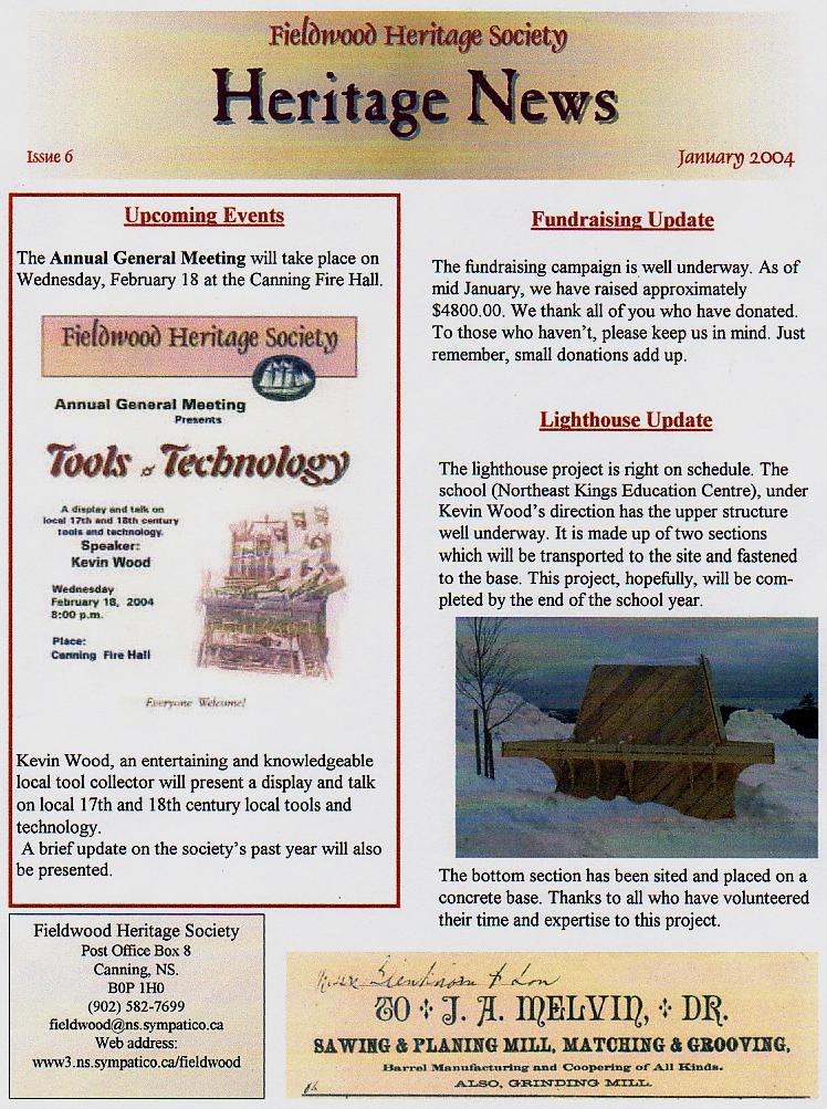 Canning's Fieldwood Heritage Society Newsletter January 2004, page 1