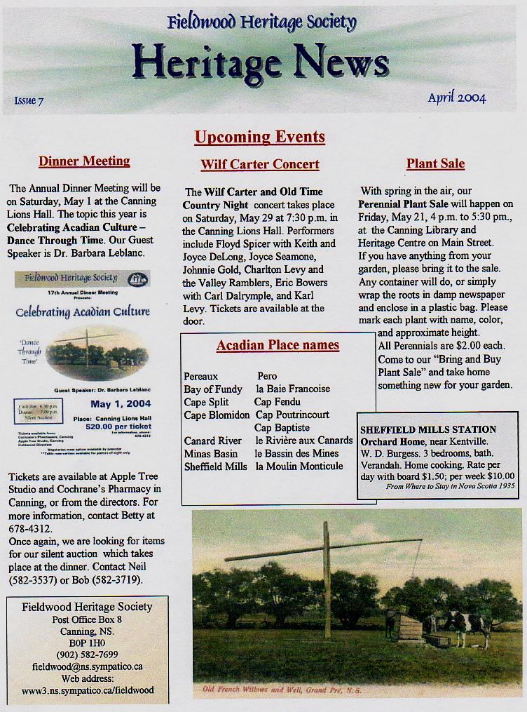 Canning's Fieldwood Heritage Society Newsletter April 2004, page 1