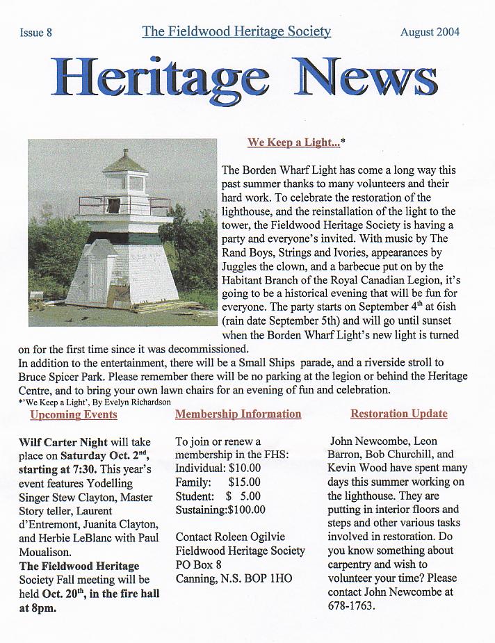 Canning's Fieldwood Heritage Society Newsletter August 2004, page 1