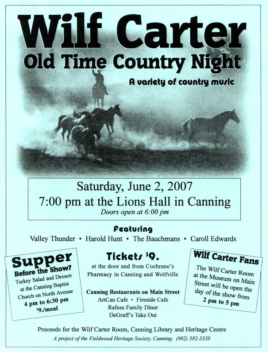 Fieldwood Heritage Society: Poster, Wilf Carter Old Time Country Night, 2 June 2007