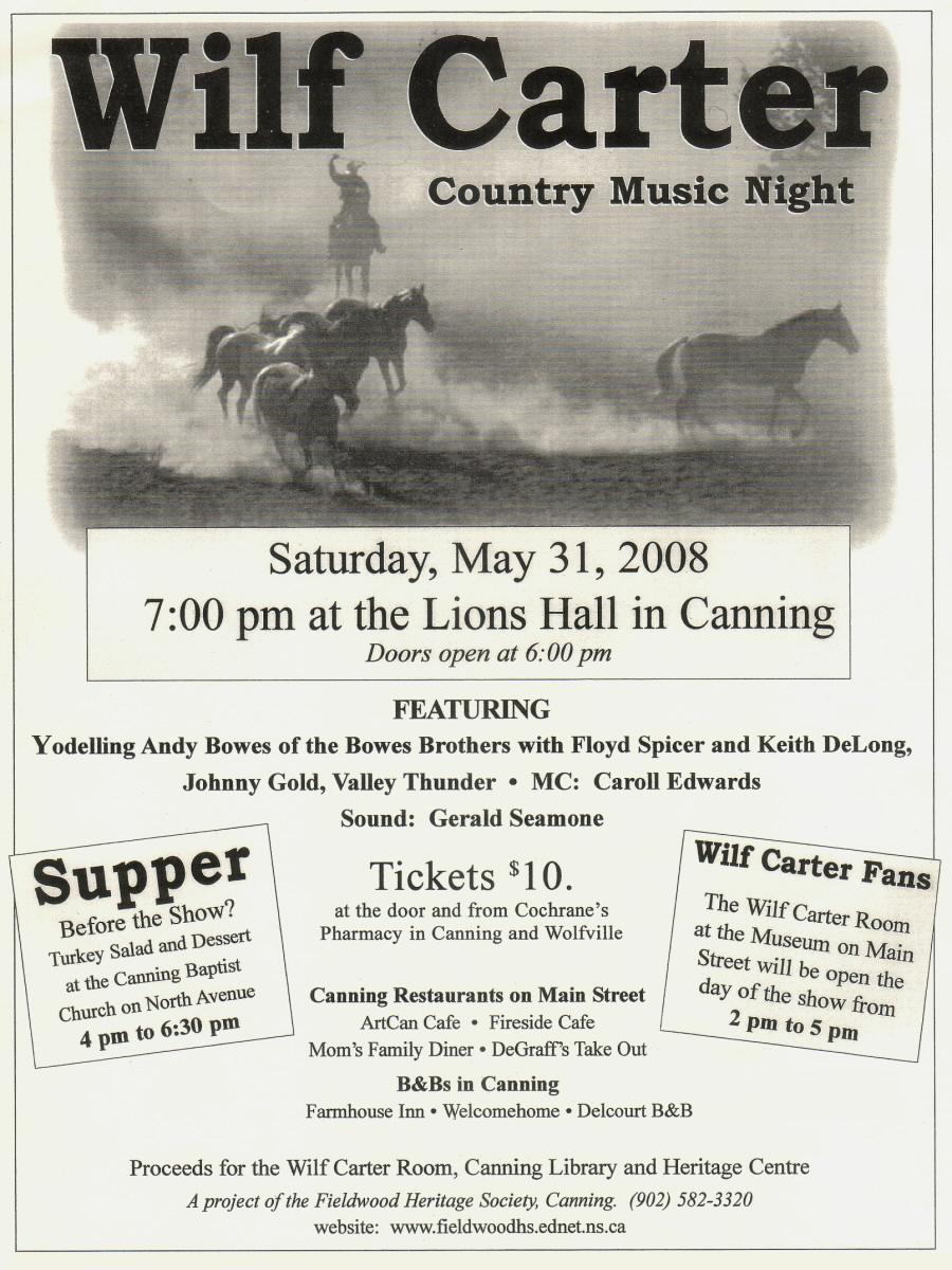 Fieldwood Heritage Society: Poster, Wilf Carter Country Music Night, 31 May 2008