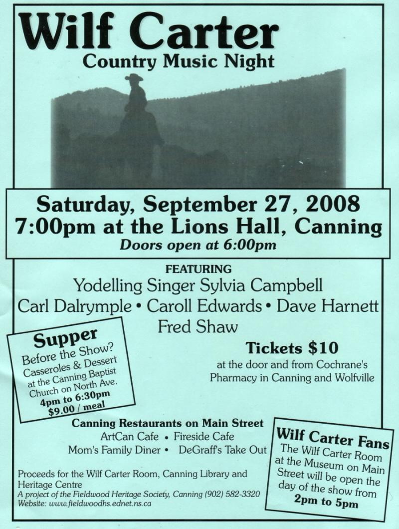 Fieldwood Heritage Society: Poster: Wilf Carter Country Music Night, 27 Sep 2008