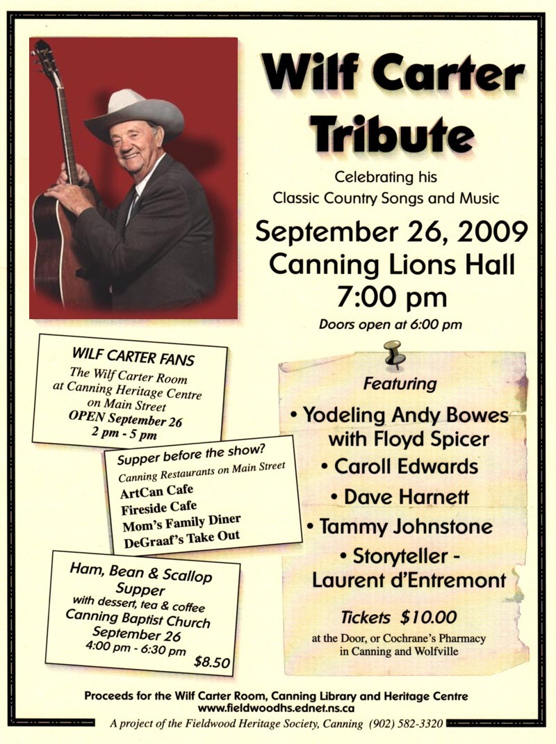 Fieldwood Heritage Society: Poster, Wilf Carter Tribute, 26 September 2009