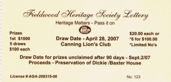 Lottery ticket: Fieldwood Heritage Society, drawn 28 April 2007