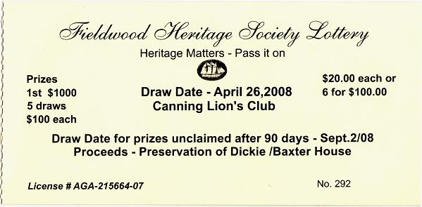 Lottery ticket: Fieldwood Heritage Society, drawn 26 April 2008