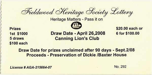 Lottery ticket: Fieldwood Heritage Society, drawn 26 April 2008