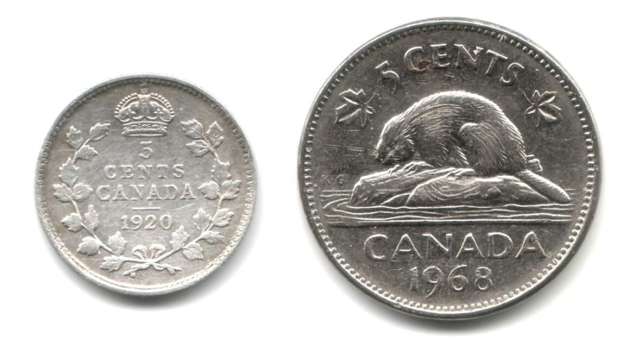 1920 "fish scale" compared with modern five-cent coin