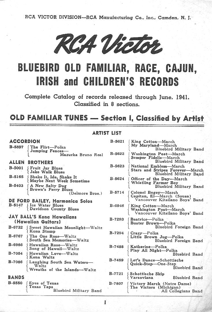 RCA Victor Bluebird Catalog 1941, page 1