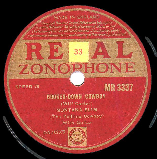Regal Zonophone MR-3337 78rpm record, Montana Slim, Broken-Down Cowboy