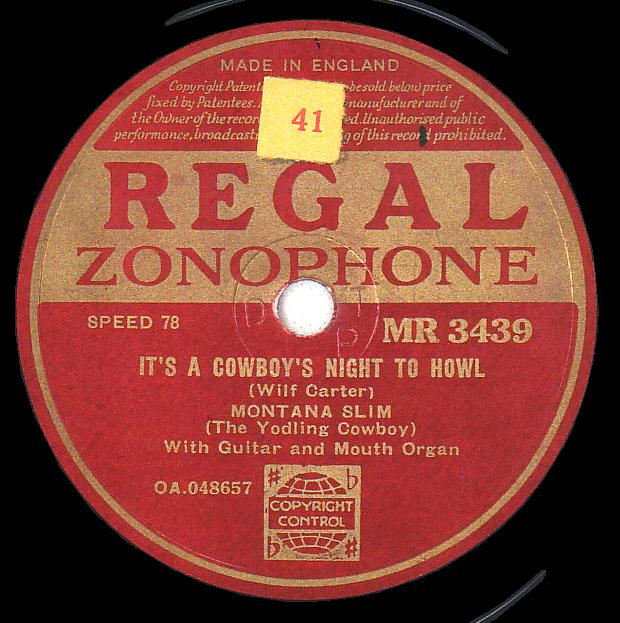 Regal Zonophone MR-3439 78rpm record, Montana Slim, It's a Cowboy's Night to Howl