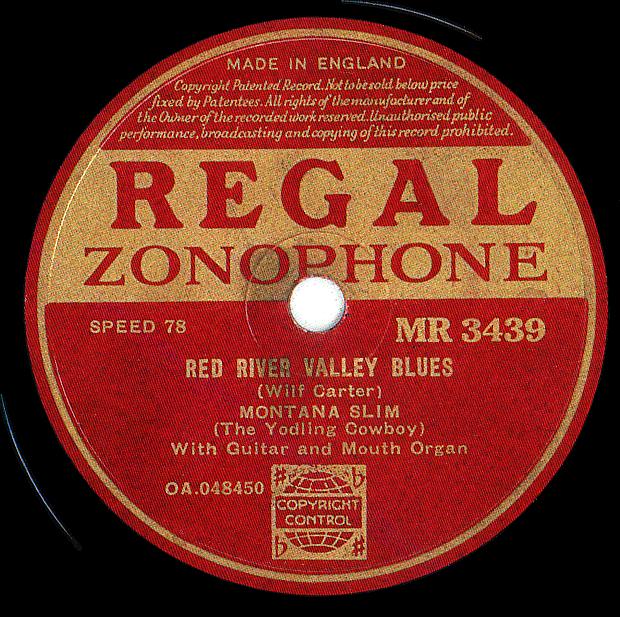 Regal Zonophone MR-3439 78rpm record, Montana Slim, Red River Valley Blues