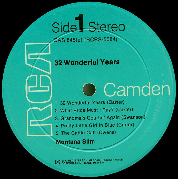 Montana Slim record (United States) 33rpm LP Camden CAS-846(e) side one