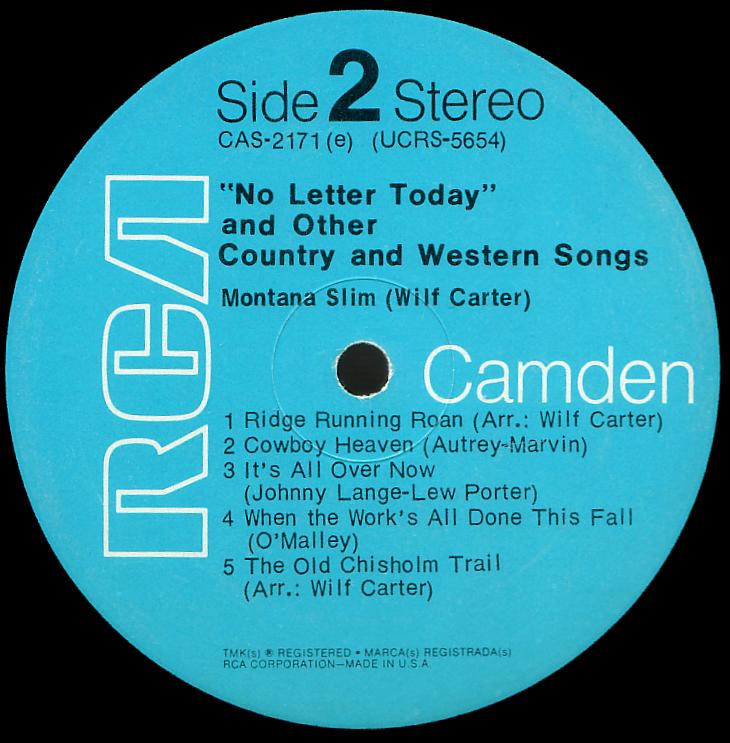 Montana Slim record (United States blue label) 33rpm LP Camden CAS-2171(e) side two