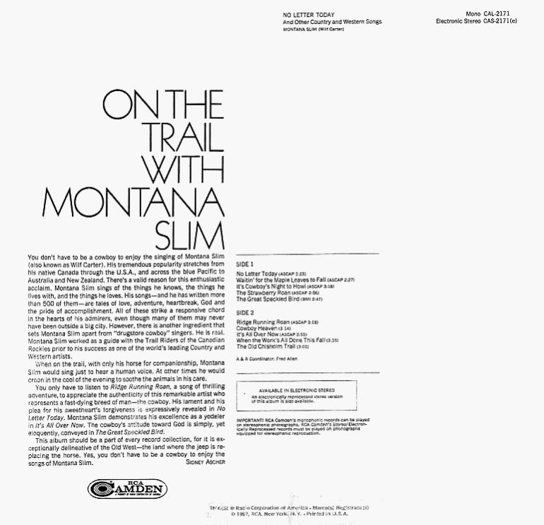 Jacket back: Montana Slim record (United States blue label) 33rpm LP Camden CAS-2171(e)