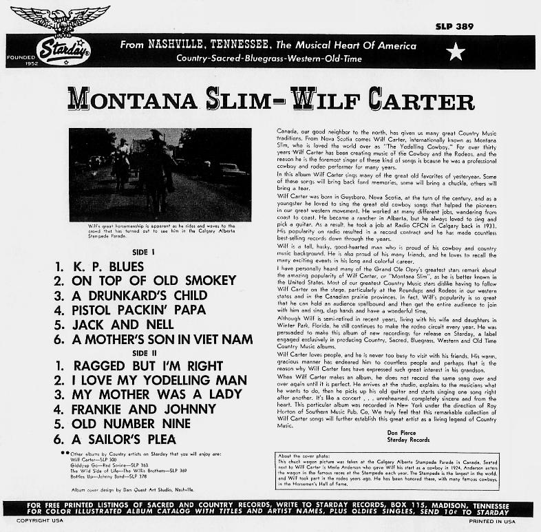 Jacket back: Montana Slim record 33rpm LP Starday SLP-389