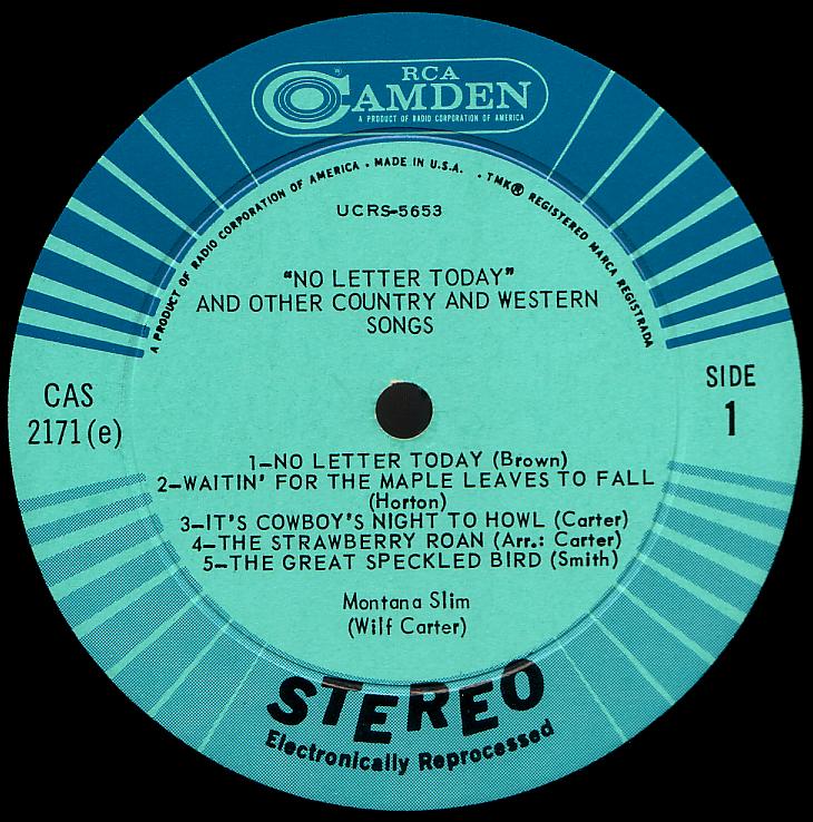 Montana Slim record (United States green label) 33rpm LP Camden CAS-2171(e) side one