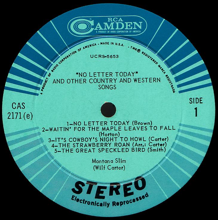 Montana Slim record (United States green label) 33rpm LP Camden CAS-2171(e) side one