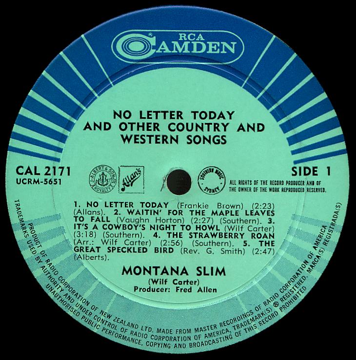 Montana Slim record (New Zealand) 33rpm LP Camden CAL-2171 side one