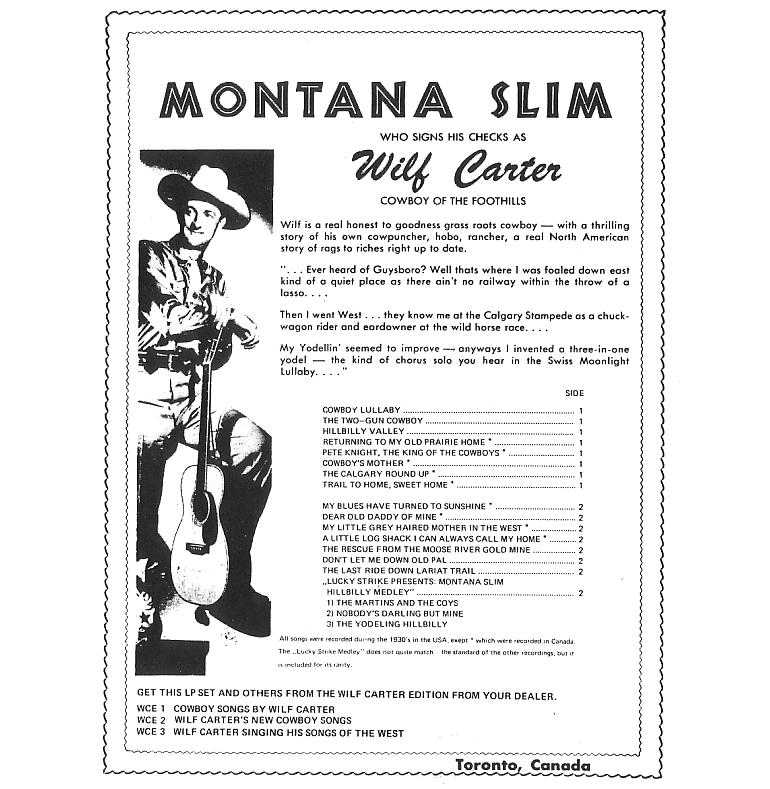 Jacket back: Montana Slim record 33rpm LP Wilf Carter Edition WCE-3