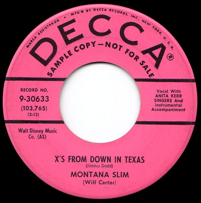 Montana Slim 45rpm record, X's from Down In Texas, Decca 9-30633