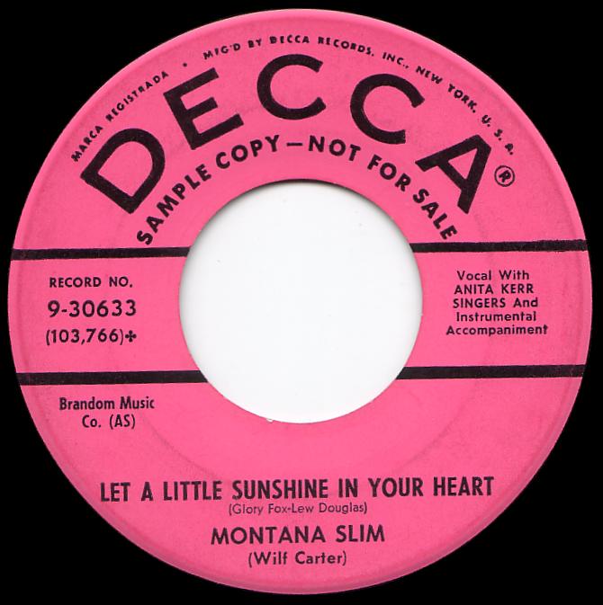 Montana Slim 45rpm record, Let a Little Sunshine in Your Heart, Decca 9-30633