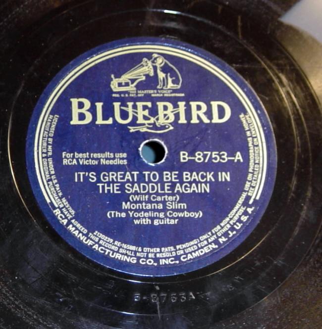 RCA Victor Bluebird B-8753 78rpm record, Montana Slim, 
It's Great To Be Back In The Saddle Again