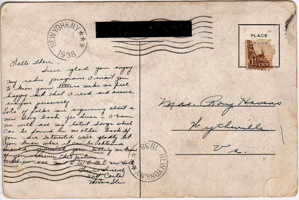 Montana Slim Postcard 1938, back