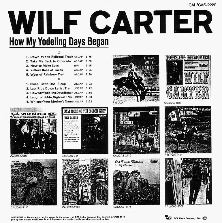 Jacket back: Wilf Carter record (Canada) 33rpm LP RCA Camden CAL-2222