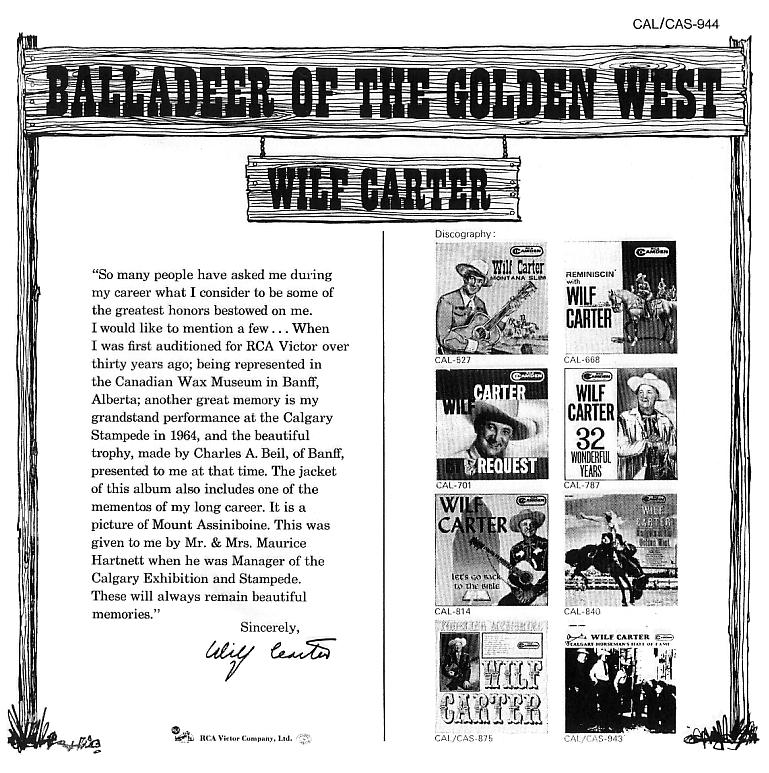 Jacket back: Wilf Carter record Balladeer of the Golden West (Canada) 33rpm LP RCA Camden CAL-944