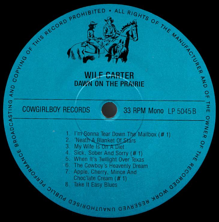 Wilf Carter record 33rpm LP Cowgirlboy 5045 side two label