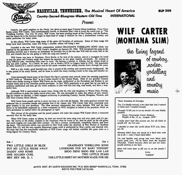 Jacket back: Wilf Carter record 33rpm LP Gusto (Starday) SLP-300