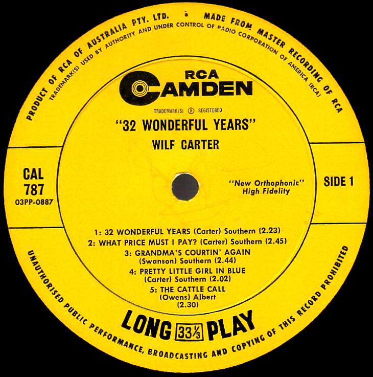 Wilf Carter record (Australia) 33rpm LP Camden CAL-787 side one