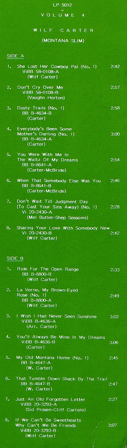 Jacket back: Wilf Carter LP 5012