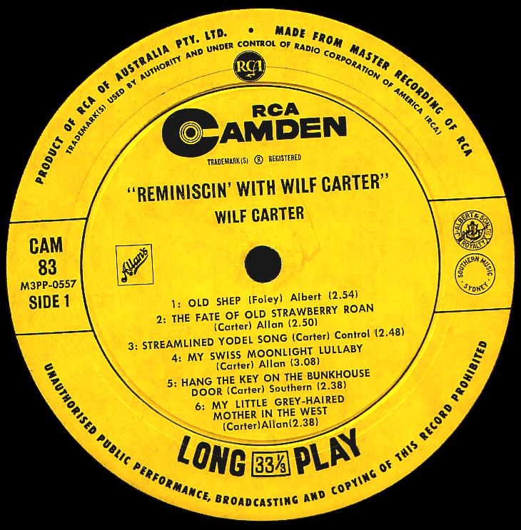 Wilf Carter record (Australia) 33rpm LP Camden CAM-83 side one