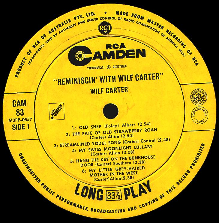 Wilf Carter record (Australia) 33rpm LP Camden CAM-83 side one
